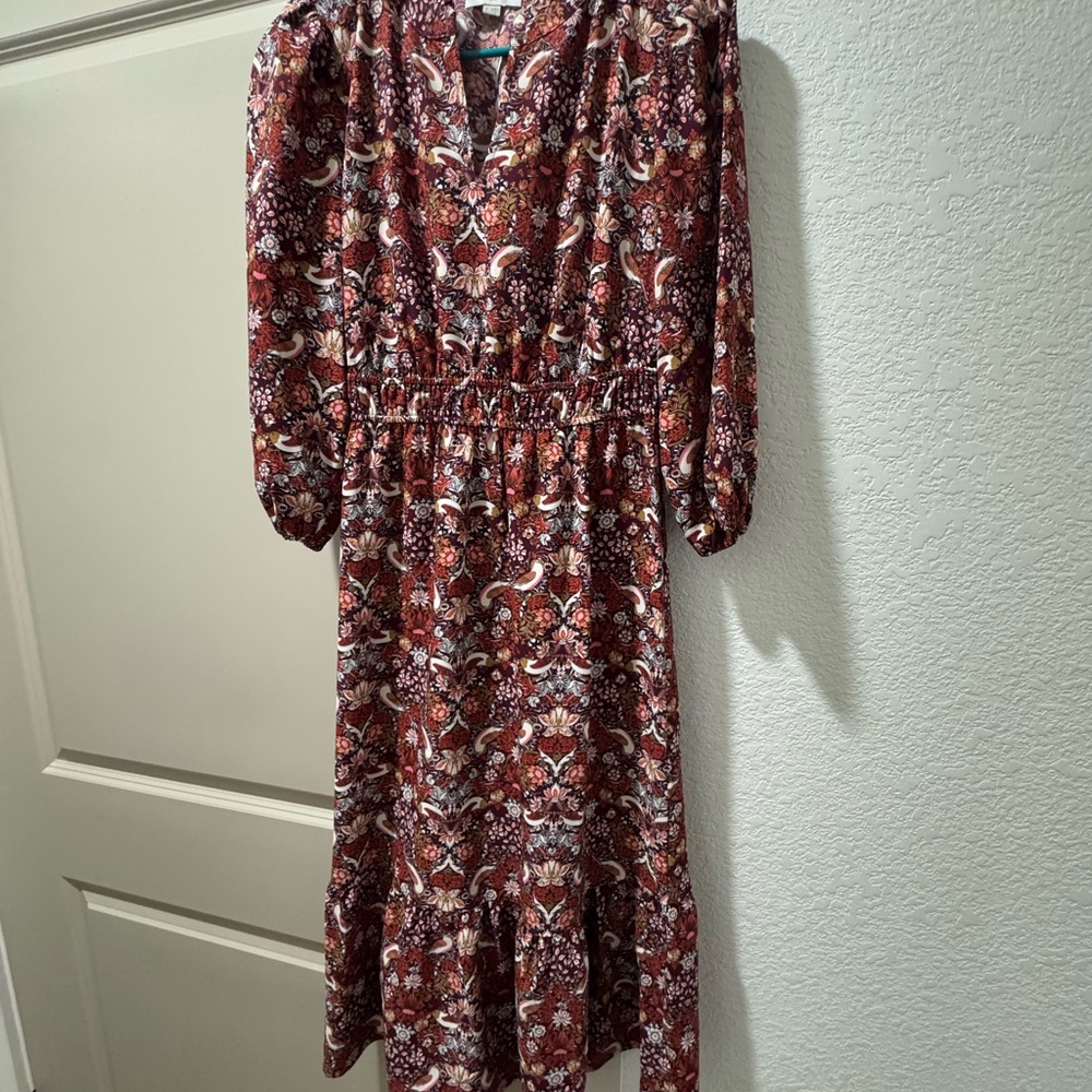 LOFT Burgundy Floral Long Sleeve Dress
